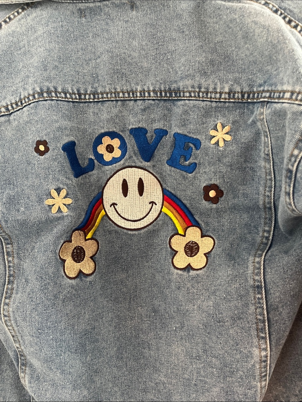 NWOT Miss Sparkling Light Wash Denim Jacket with Smiley Patch